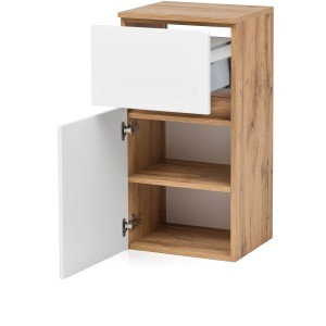 Held Möbel Unterschrank Salerno, 40 cm, matt Weiß-Wotaneiche, mit Schublade und Tür geöffnet.