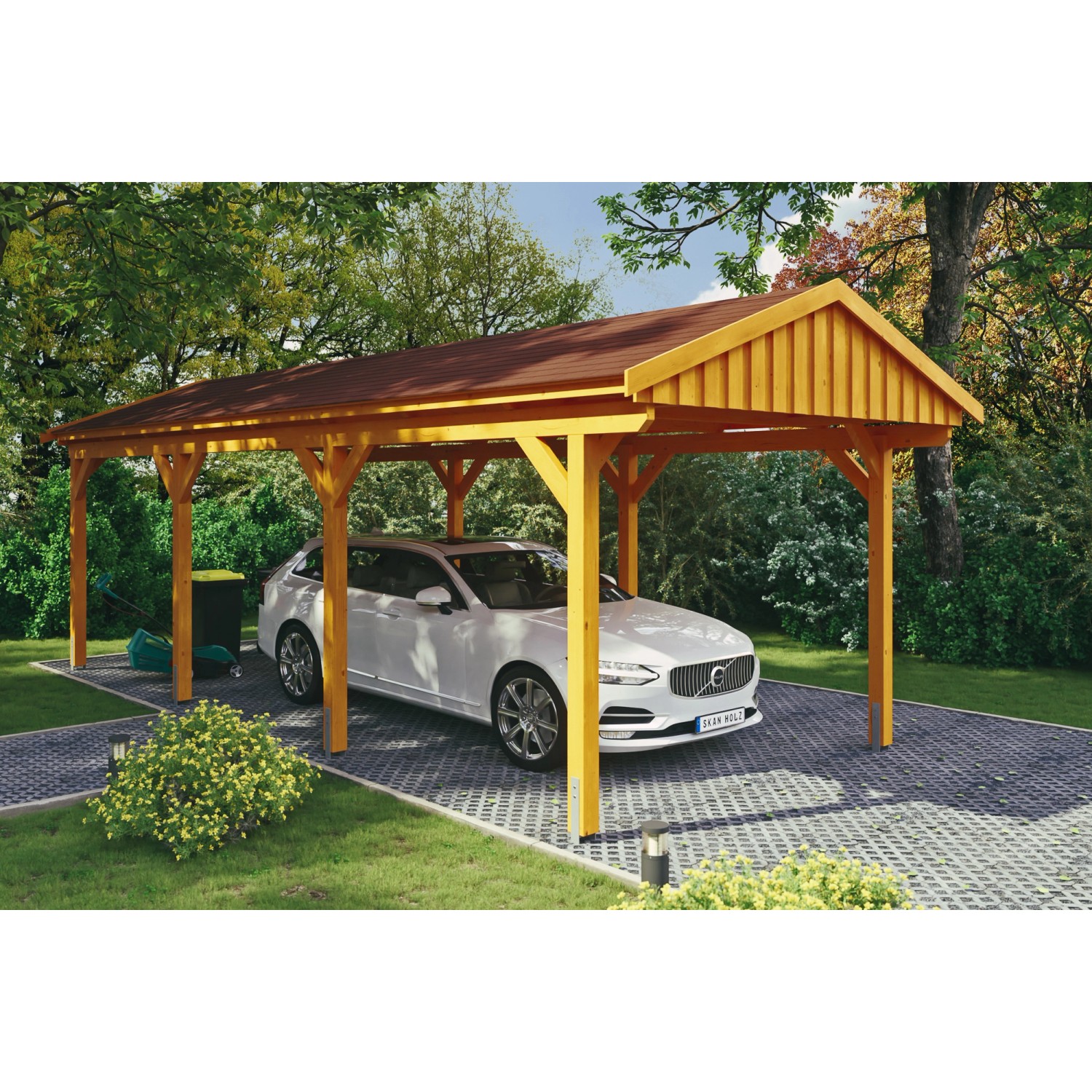 Skan Holz Carport Fichtelberg 317 cm x 808 cm Rote Schindeln Eiche Hell