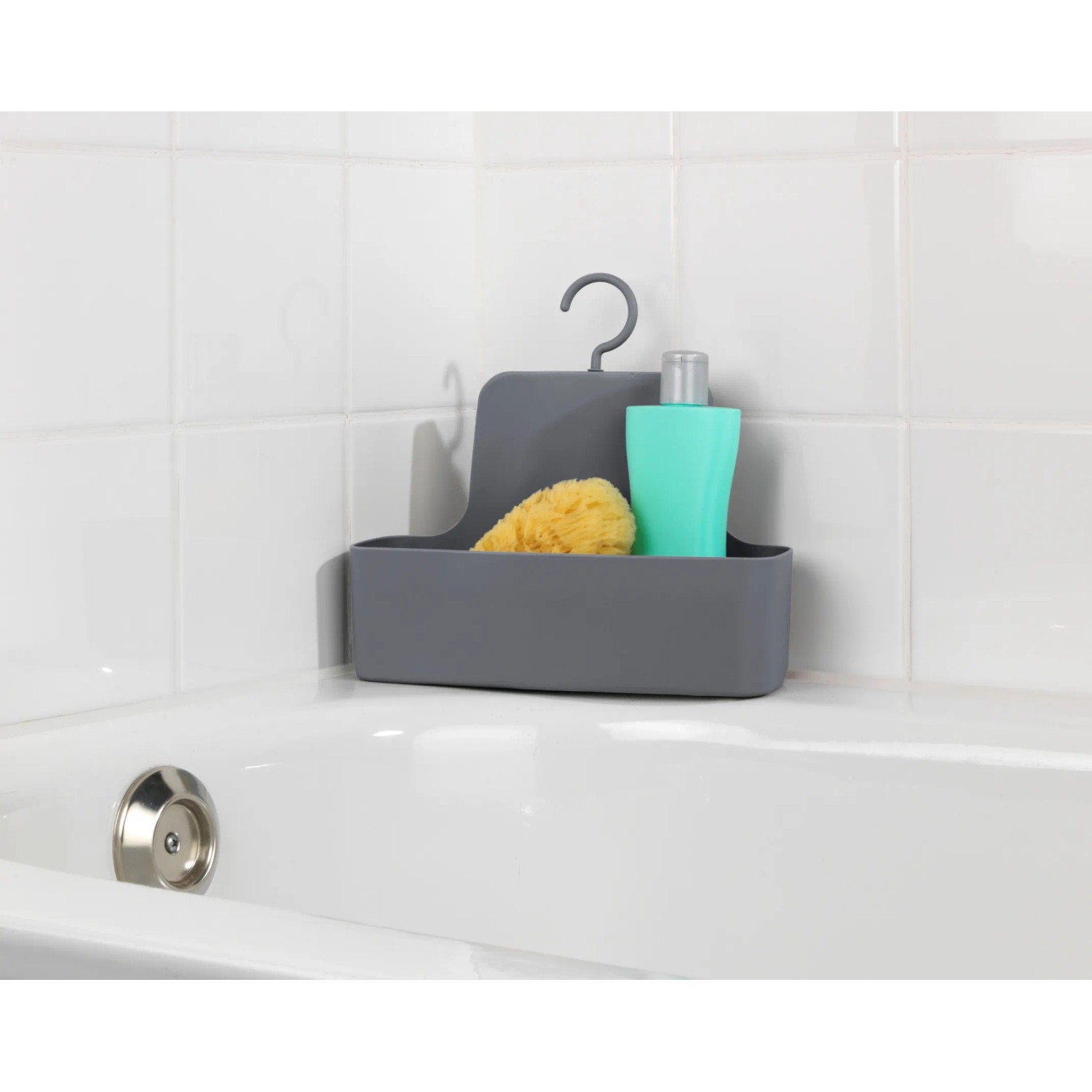 Wenko Duschcaddy Barcelona, anthrazitfarbener Hängekorb aus Kunststoff mit Schwamm und Duschgel.