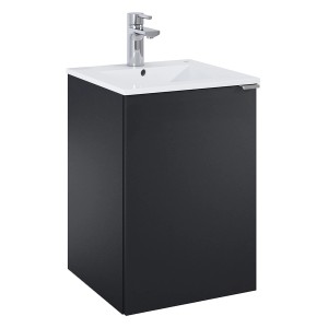 Roca Waschtischunterschrank Cheese 2.0, 40 cm, Schwarz Matt mit Waschbecken und Armatur.