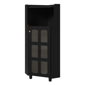 Schwarzer Eckschrank mit offenem Fach, Glasfront, goldfarbenem Griff und LED Beleuchtung. Moderne Eckkommode für Stauraum.