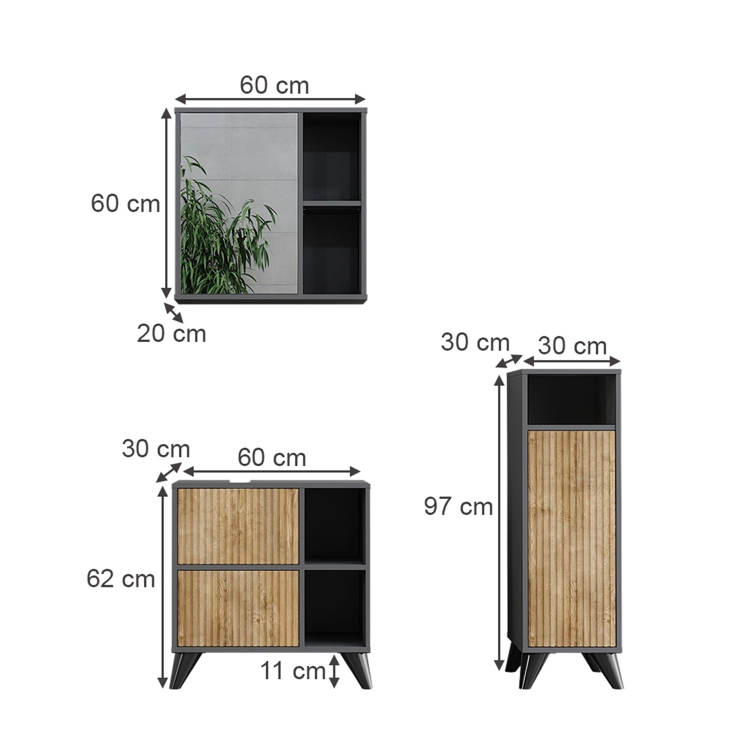 Vicco Badmöbel-Set Leano, 3-teilig, Anthrazit/Bergeiche, mit Spiegelschrank, Waschbecken- und Midischrank.