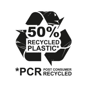 Symbol: 50% Kunststoff aus wiederverwertetem Material (PCR).