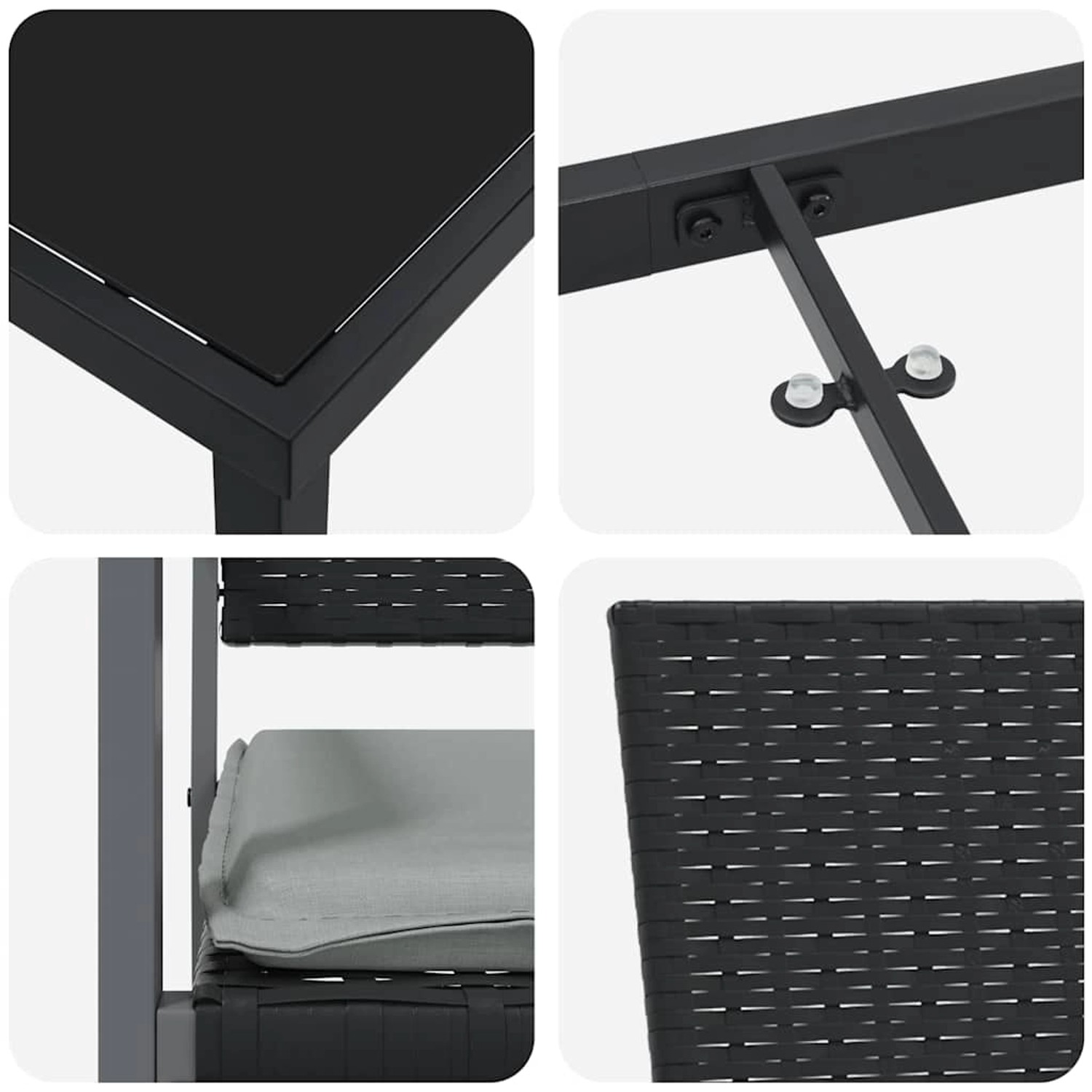 vidaXL Garten Essgruppe, 5-tlg., schwarz, Poly Rattan, Details von Tischplatte, Gestell und Stuhl.