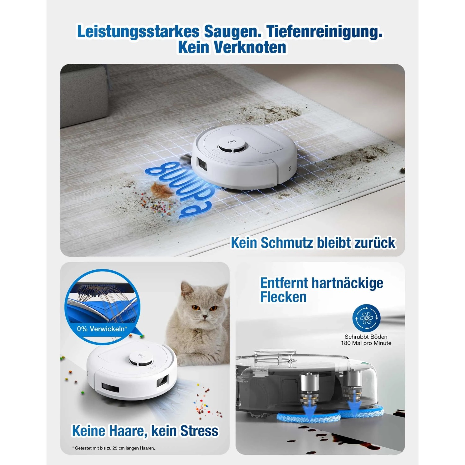 ECOVACS DEEBOT Mini Saug- und Wischroboter in Aktion: Saugen, Wischen, gegen Flecken und Tierhaare.