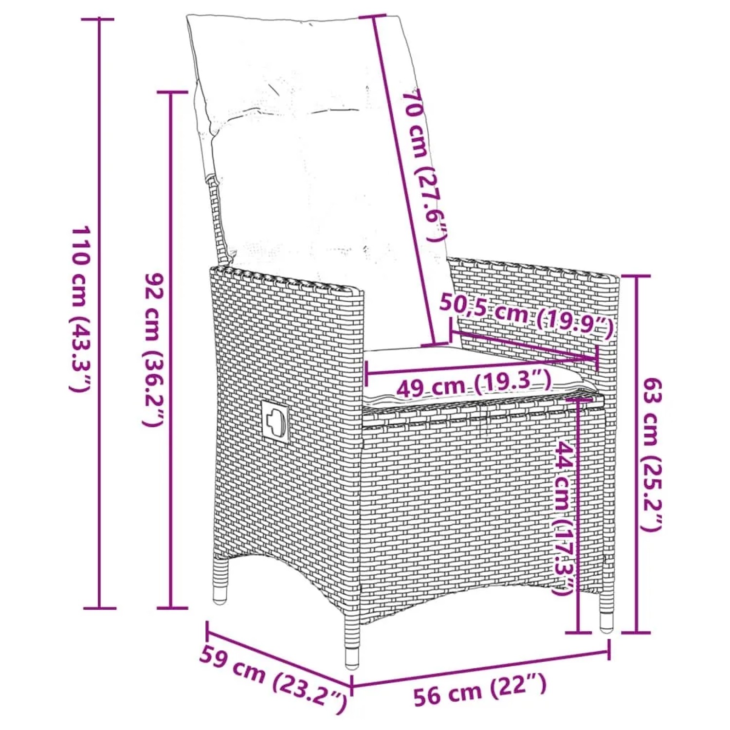 Verstellbarer, grauer Gartensessel aus Poly Rattan mit Kissen von vidaXL.