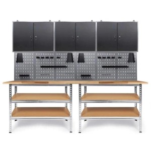 Ondis24 Werkstatt Set mit Werkbänken, Lochwand, Haken und Schränken, 240 cm breit.