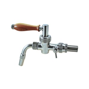 Glänzender Edelstahl Kompensatorhahn mit braunem Holzgriff. Side Pull Zapfhahn für präzise Bierausgabe und Schaumregelung.