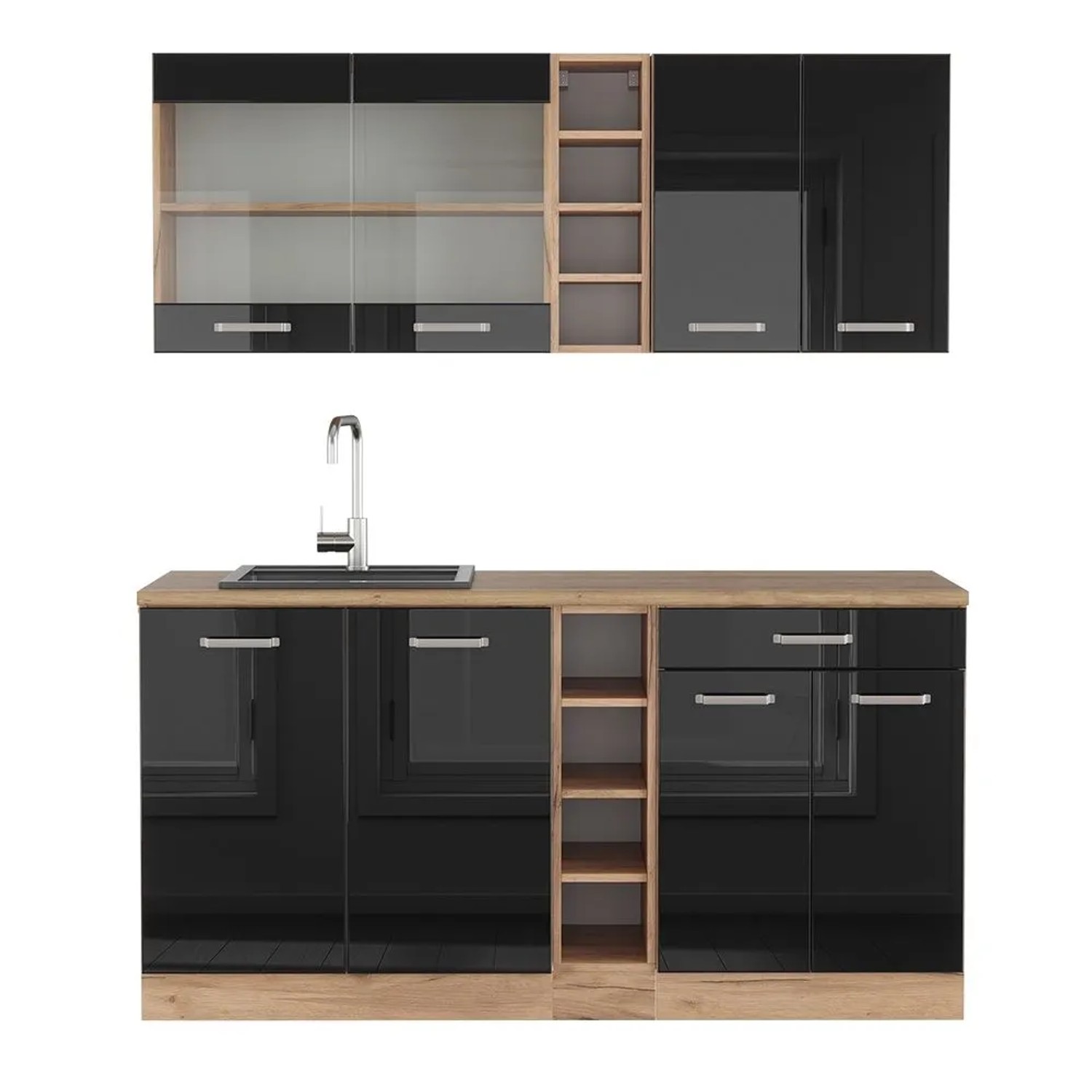 Vicco R-Line Singleküche Schwarz Hochglanz Goldkraft Eiche 160 cm AP Eiche ohne E-Geräte