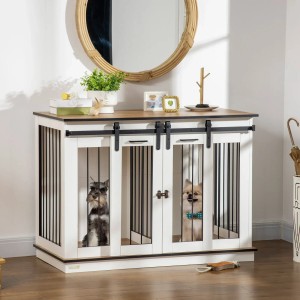 Weißer PawHut Hundekäfig aus MDF und Stahl mit zwei Hunden. Hundehütte mit Schiebetüren.