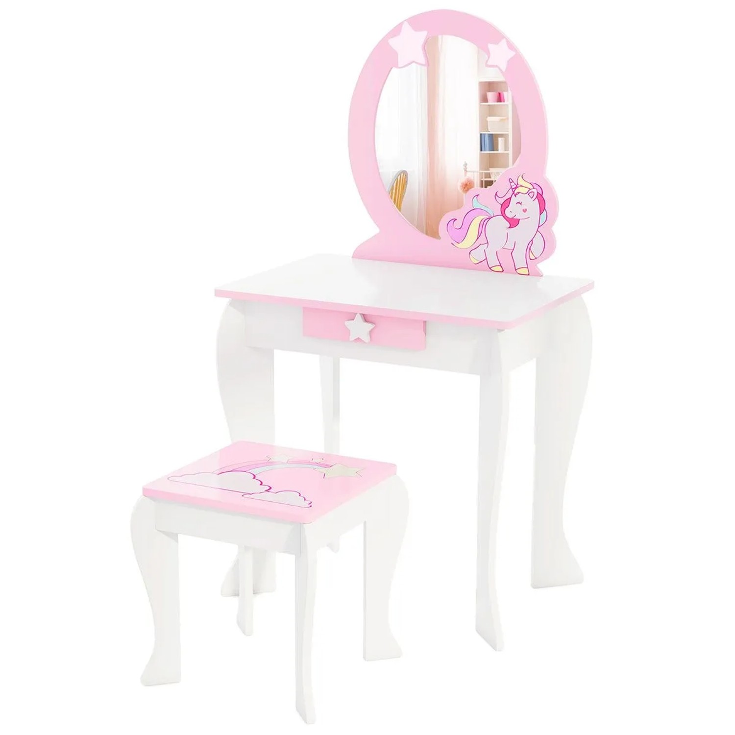 Costway Kinder Schminktisch mit Hocker & Schublade für 3-7 Jahre Weiß günstig online kaufen