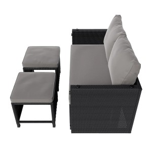 Juskys 2in1 Polyrattan Gartenmöbel Set Jamaika, schwarz/grau, mit Sofa, Hockern und Tisch.