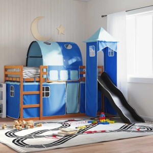 Blaues vidaXL Etagenbett mit Rutsche und Vorhängen, Kiefernholz, 90x200 cm. Abenteuerbett für Kinder.