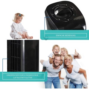 Schwarzer JUNG TVE22 Turmventilator mit kindersicherem Gitter, Drehregler und Familie. Einfache Bedienung & Sicherheit für Kinder.