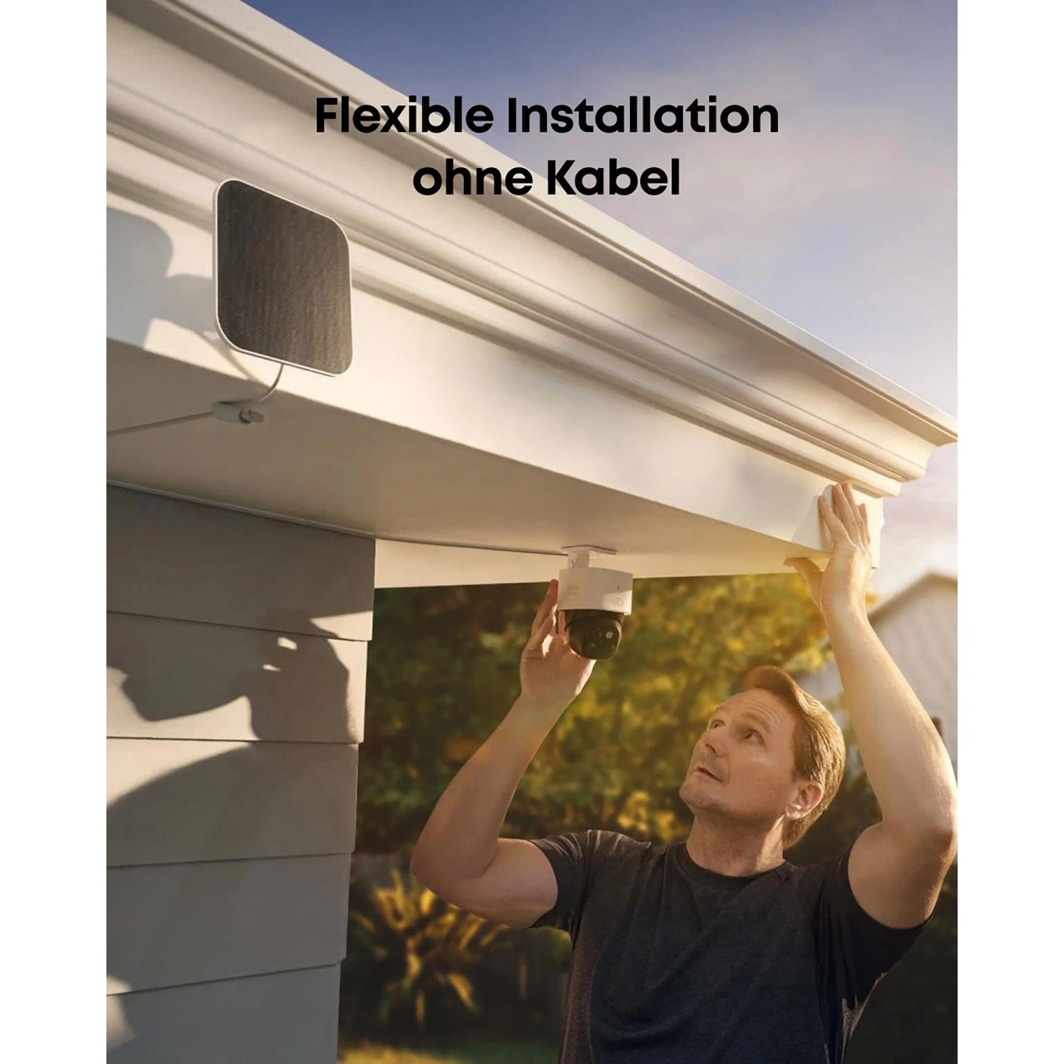 Installation der kabellosen Eufy S340 Solar-Überwachungskamera mit Solarpanel.