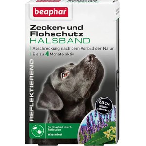 Verpackung Beaphar Zecken- und Flohschutz Halsband für Hunde, reflektierend, mit Hundeabbildung.