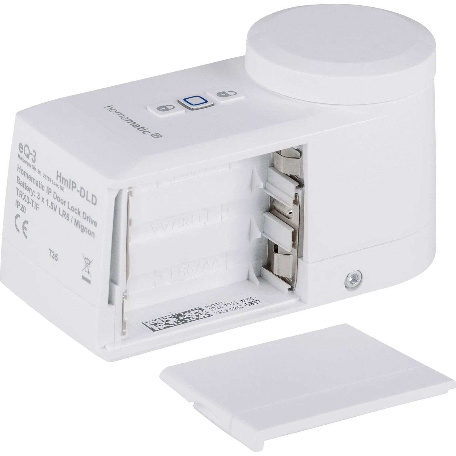 Weißer Homematic IP Türschlossantrieb mit offenem Batteriefach für 3 AA-Batterien. Smart Home Hausautomation.