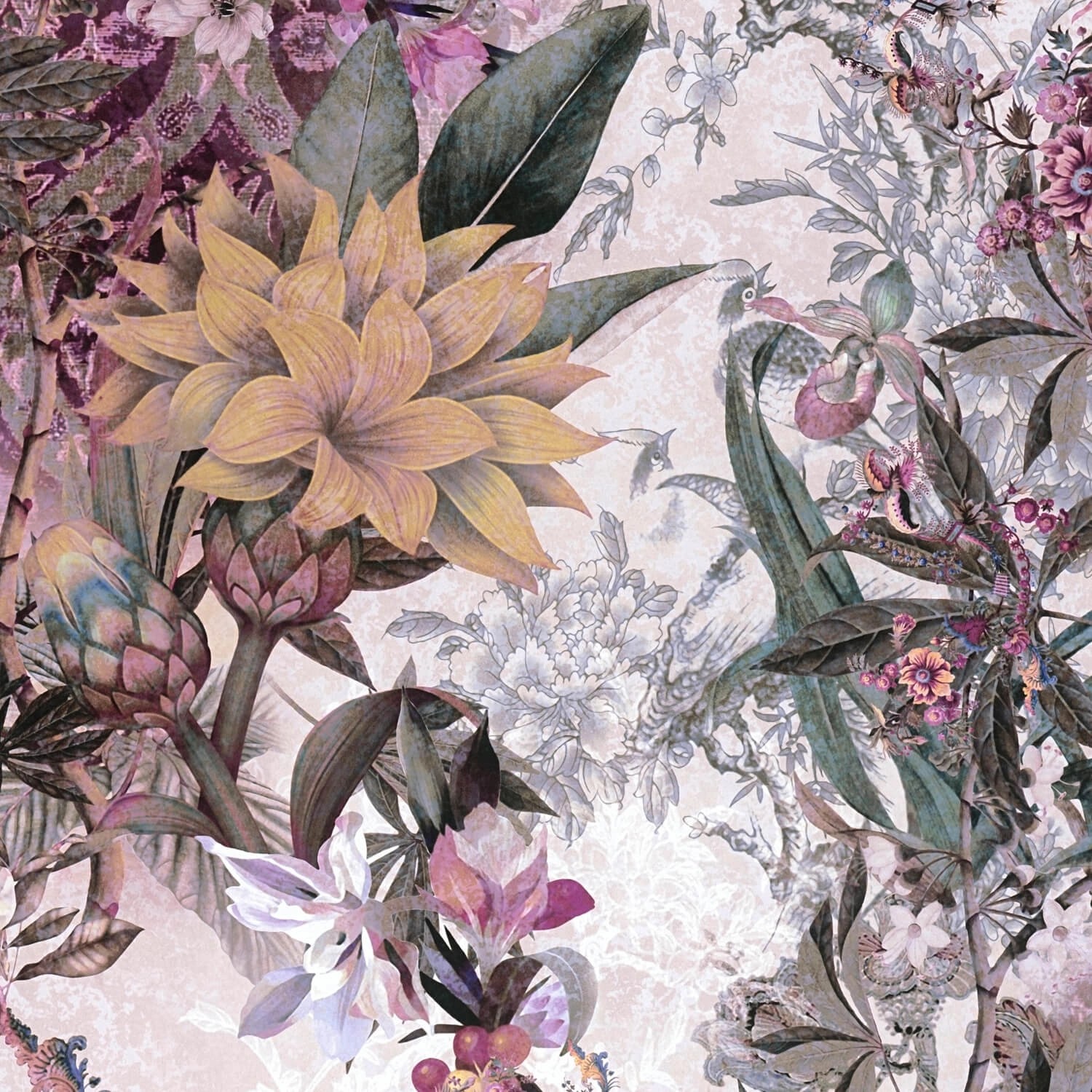 PROFHOME 381775-GU Blumen Tapete Floral Matt Weiß Lila Gelb Grün-Grau 0,53 günstig online kaufen