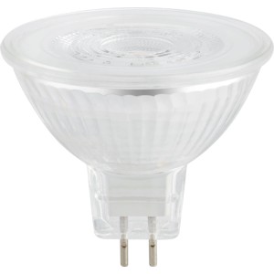 Klares GU5.3 LED Spot MR16 Leuchtmittel aus Glas mit zwei Pins. Warmweißes Licht, 3,8 W.
