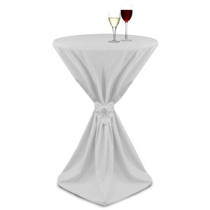 Weisse Beautissu Giulia Stehtischhusse Ø 70 cm mit Schleife, ideal für festliche Anlässe.