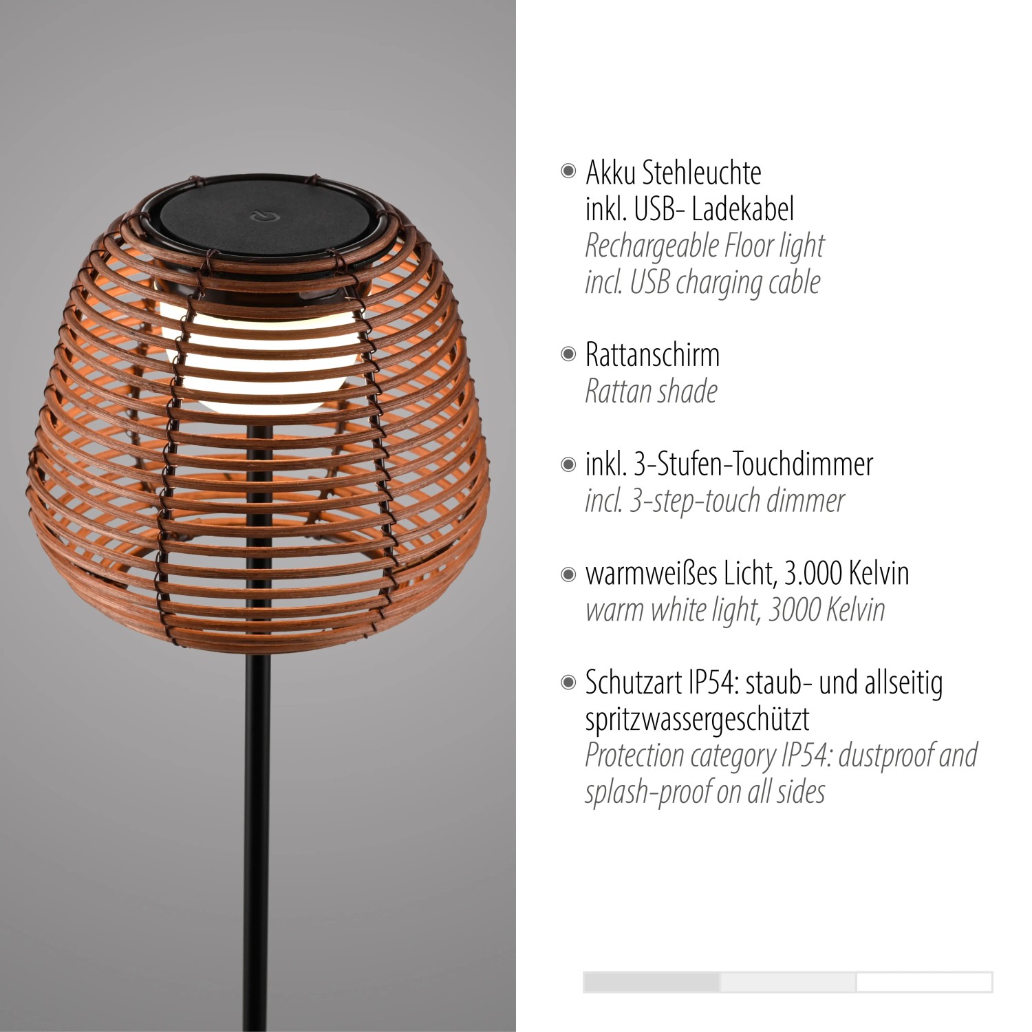 Schwarze LED-Akku-Stehleuchte Askia mit Rattan-Schirm, 120 cm hoch, für stimmungsvolle Außenbeleuchtung.