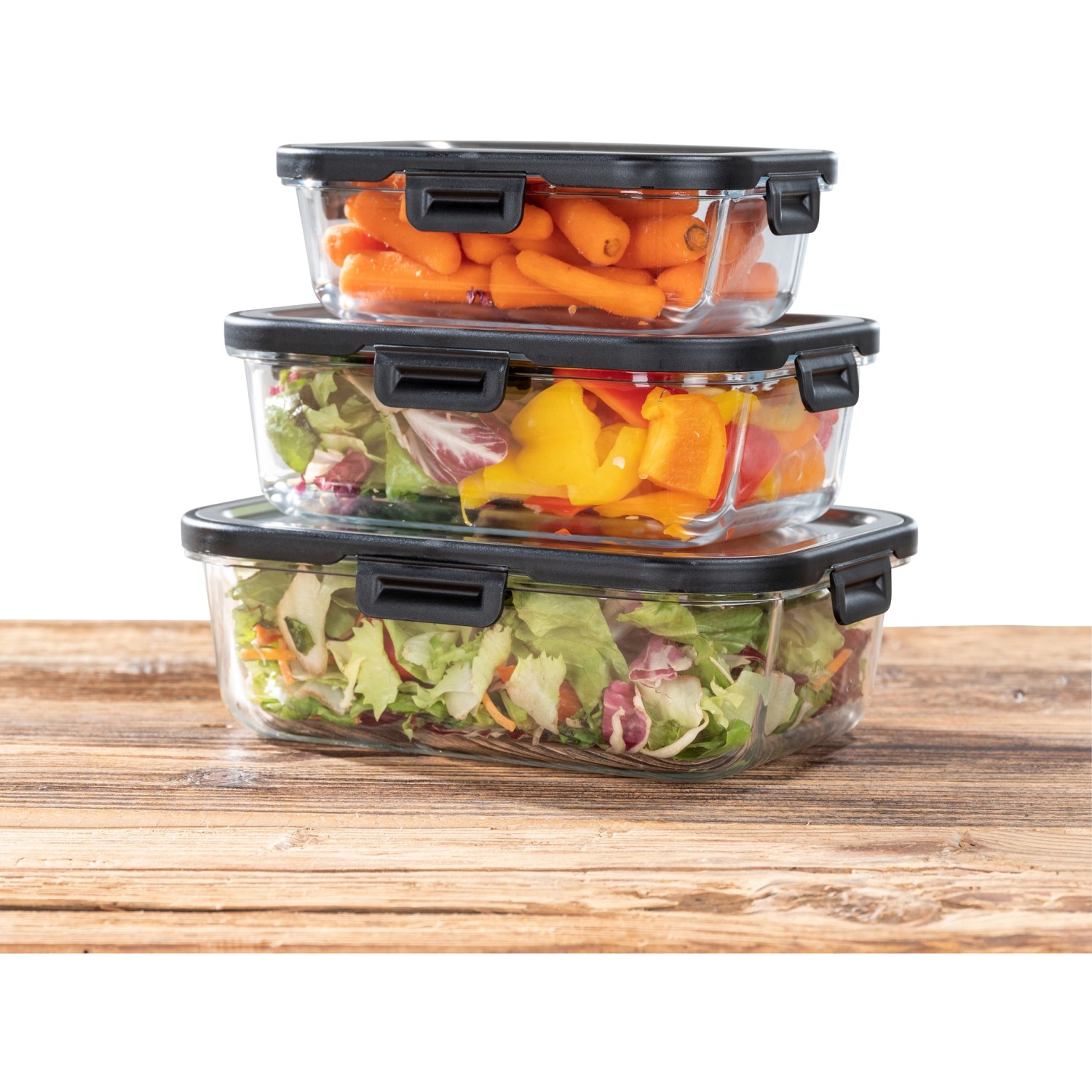 Wenko Glas Frischhaltedosen Steel Black Outdoor Kitchen, 3 Größen, gefüllt mit Gemüse und Salat.