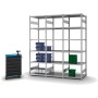 Verzinktes PROREGAL Fachbodenregal mit 6 Ebenen, beidseitig nutzbar, mit Werkzeugwagen.