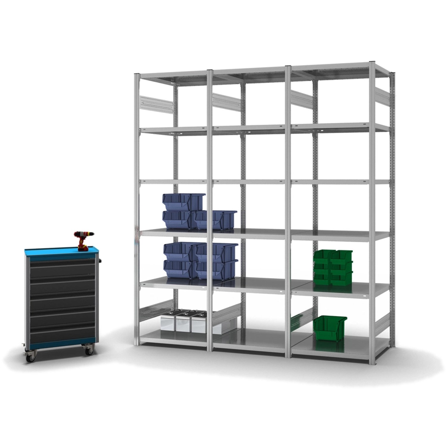 Verzinktes PROREGAL Fachbodenregal mit 6 Ebenen, beidseitig nutzbar, mit Werkzeugwagen.