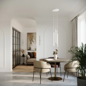 Moderne, weiße Sollux Lighting Pendelleuchte Pastelo 2 über Esstisch im Wohnraum.