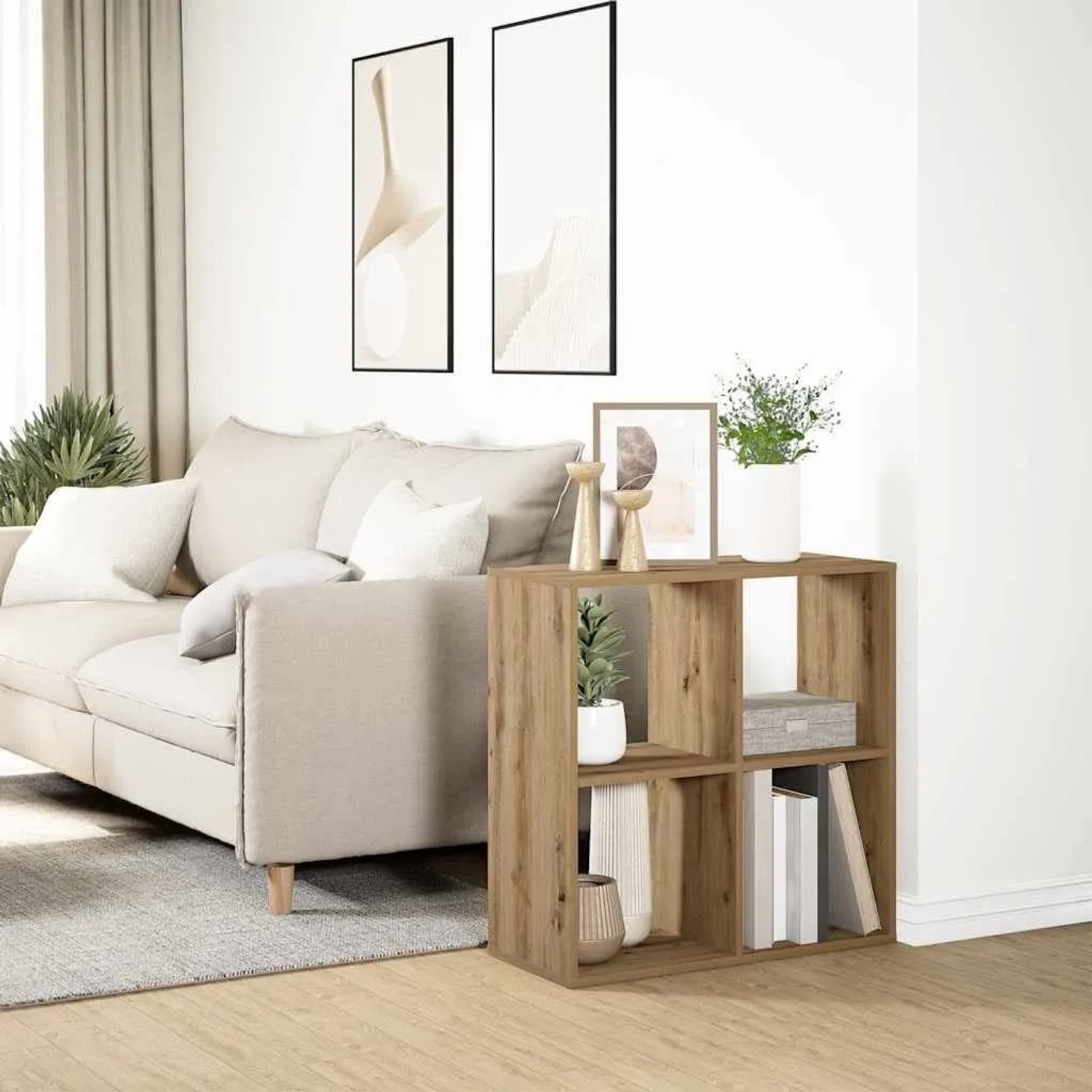 vidaXL Raumteiler-Bücherregal Artisan-Eiche mit 4 offenen Fächern, als Regal neben Sofa im Wohnzimmer.