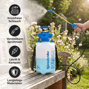 Björn&Schiller 5L Drucksprüher mit Schultergurt, Messskala, sprüht im Garten. Ideal für Pflanzenpflege & Bewässerung.