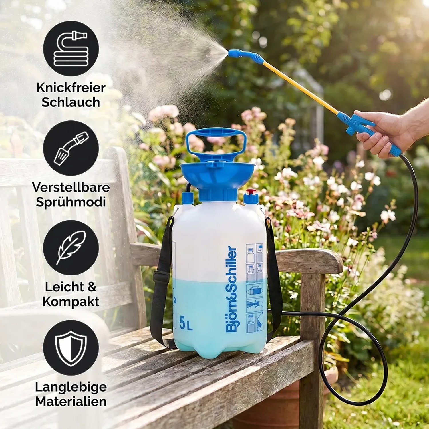 Björn&Schiller 5L Drucksprüher mit Schultergurt, Messskala, sprüht im Garten. Ideal für Pflanzenpflege & Bewässerung.