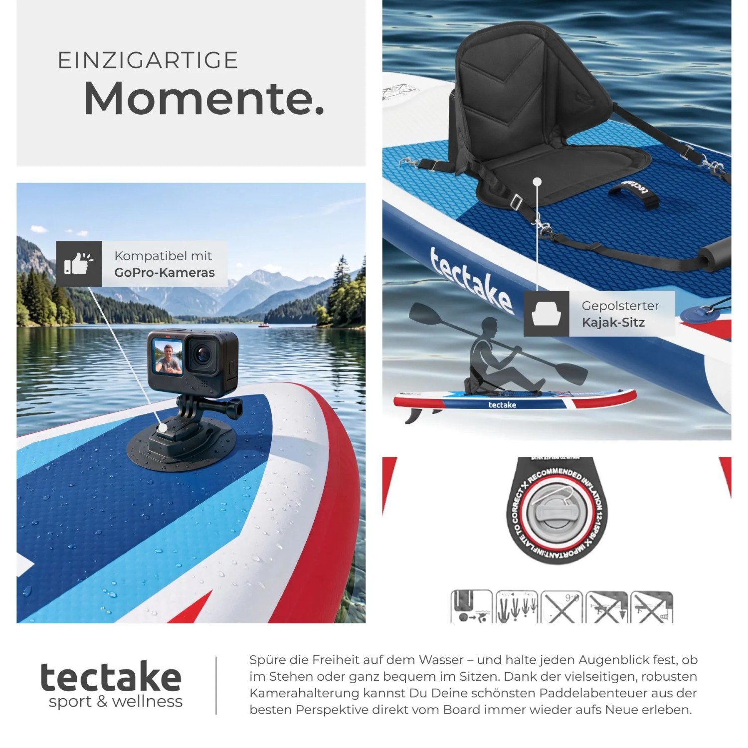 Tectake SUP Poseidon mit Kamerahalterung & Kajak-Sitz auf See. Aufblasbares Stand Up Paddle Board für Wassersport.