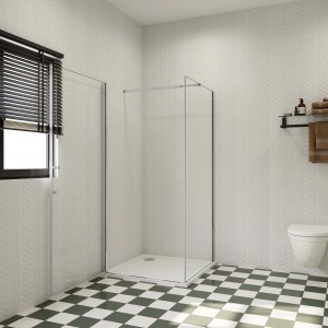 Eckdusche mit Schwingtür und Seitenwand, 90x90 cm, 195 cm hoch, mit Stabilisator.