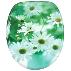 Sanilo WC-Sitz mit Absenkautomatik, Margeriten-Design. Toilettendeckel aus Holz.