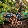 Zwei offene Säcke Galamio Kiefer Rindenmulch im Garten. Ein Gärtner arbeitet. Der rotbraune Mulch bedeckt den Boden.