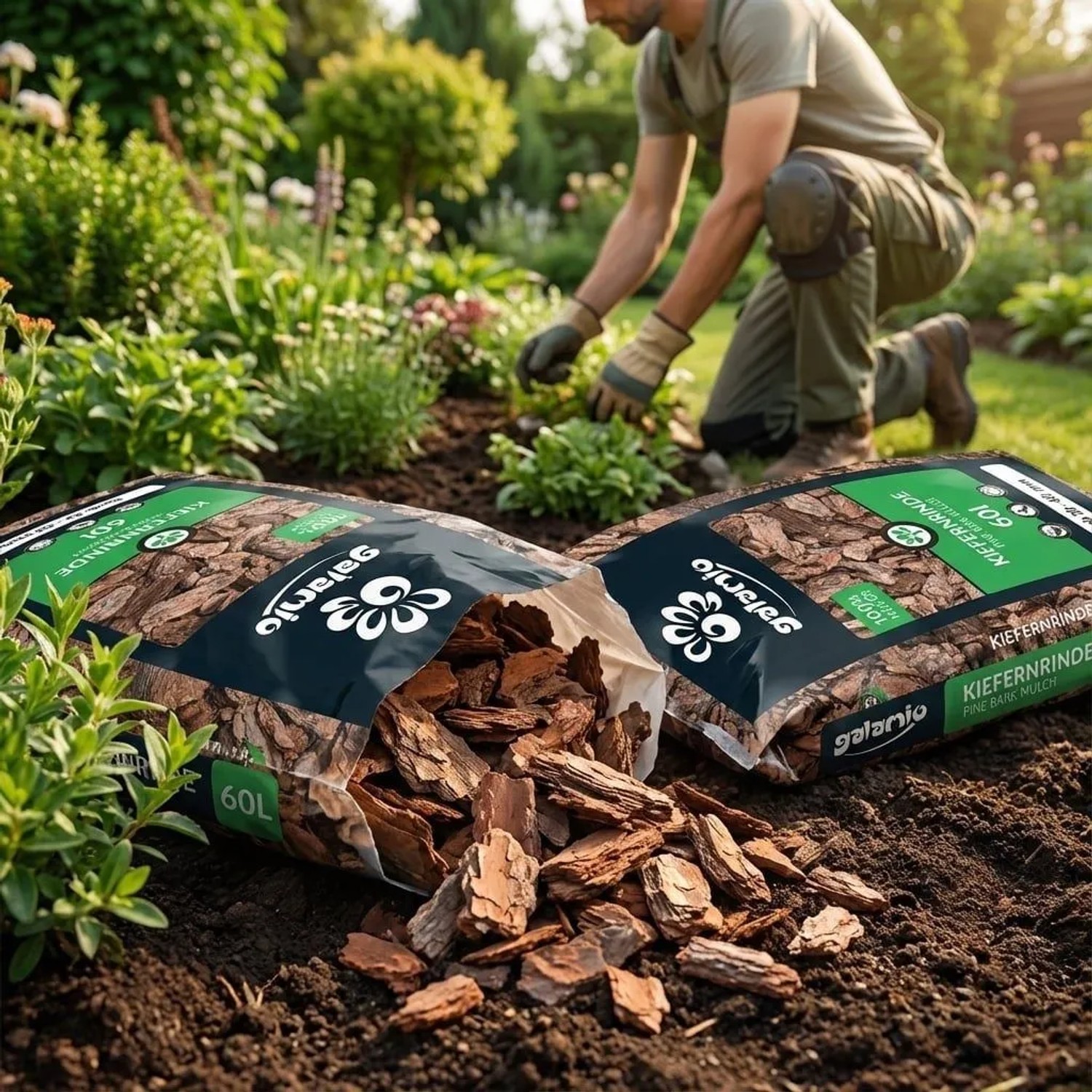 Zwei offene Säcke Galamio Kiefer Rindenmulch im Garten. Ein Gärtner arbeitet. Der rotbraune Mulch bedeckt den Boden.