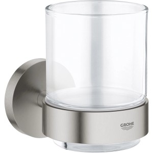 Grohe Glas mit Halter Essentials Supersteel, Wandmontage, Glas und Metall in Supersteel Optik.