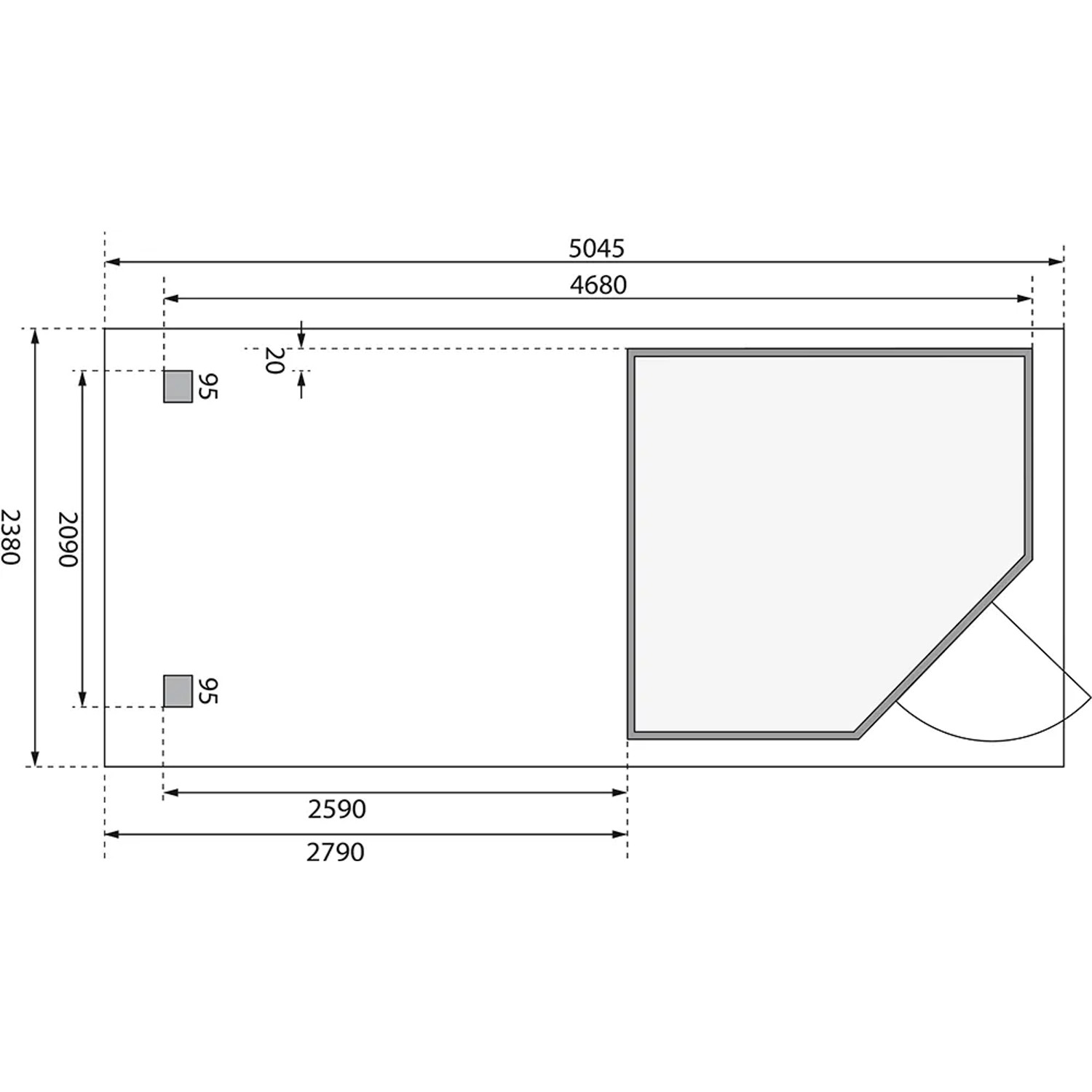 Grundriss Karibu Holz-Gartenhaus Linköbing Natur, Maße 209x213cm, Flachdach und Anbau.