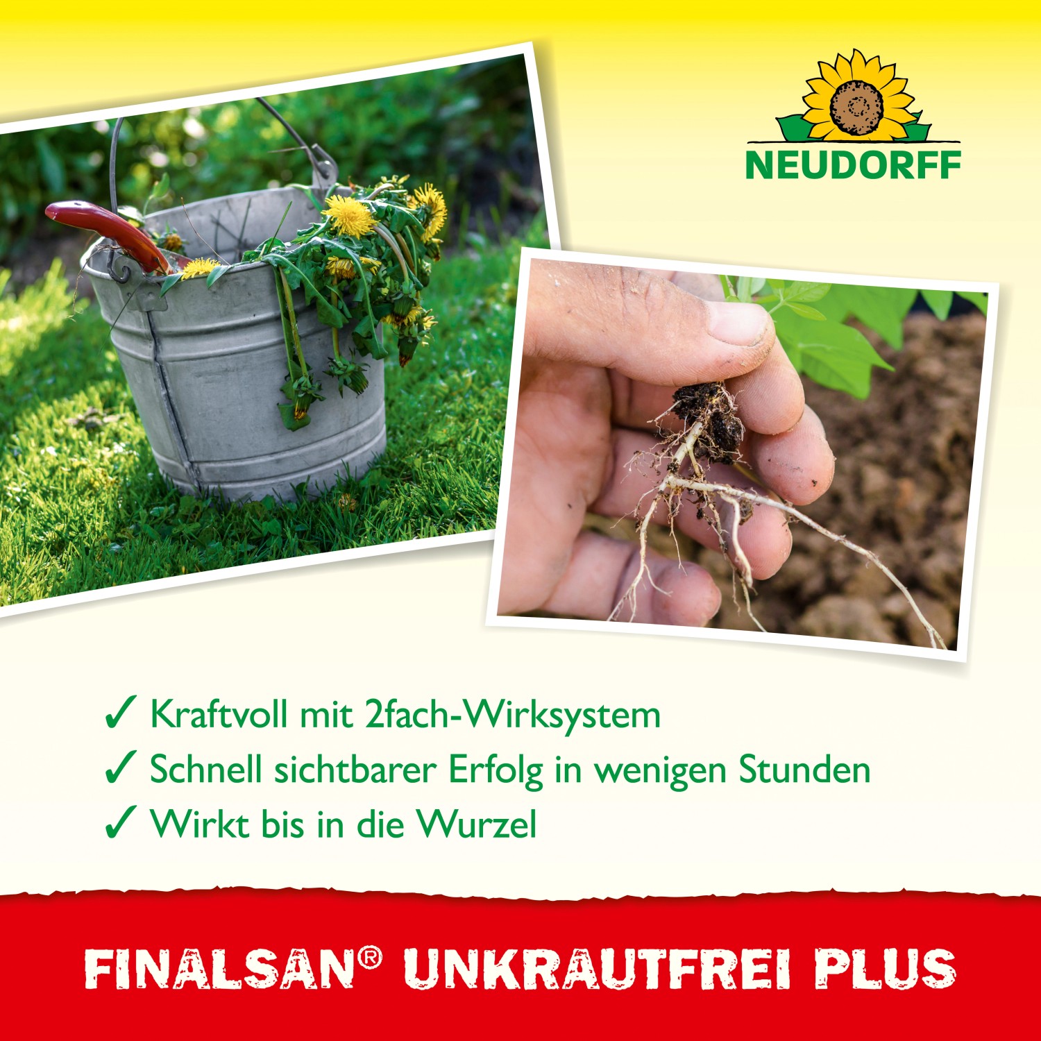 Finalsan UnkrautFrei PLUS: Eimer mit Unkraut, Hand hält Pflanze mit Wurzeln. Wirkt bis in die Wurzel.