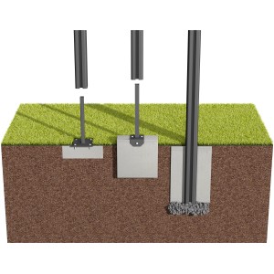 ZacAlu Pfostenanker zum Dübeln auf Randsteine, verschiedene Montagearten im Querschnitt dargestellt.