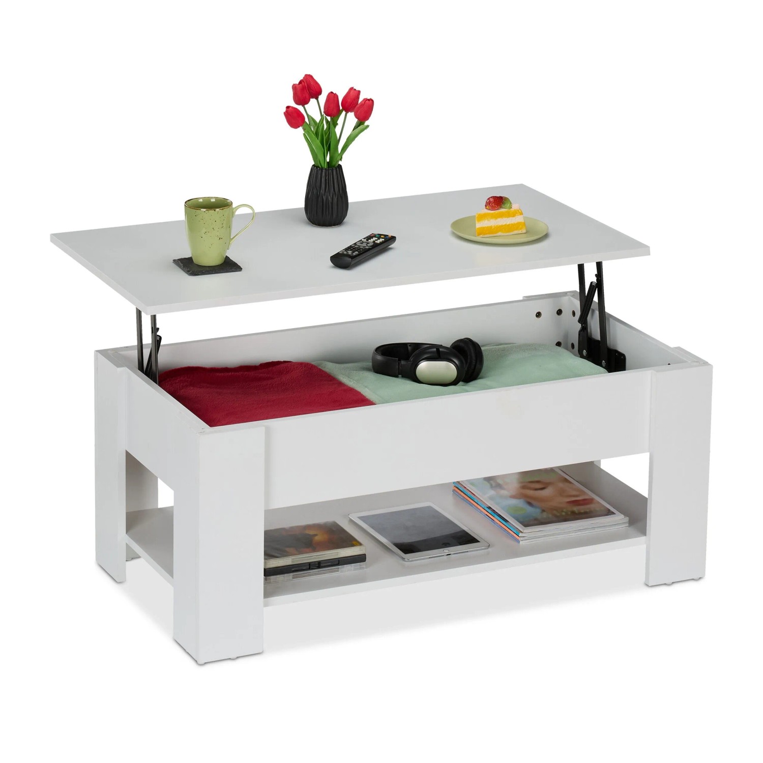 Relaxdays Couchtisch Spanplatte Eisen Weiß Aufklappbar Höhenverstellbar 98 cm x 50 cm x 42 cm 20,5 kg
