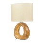 Beige Tischleuchte mit Holzoptik und Stoffschirm, 28 cm hoch. Design-Tischlampe für stimmungsvolle Beleuchtung.