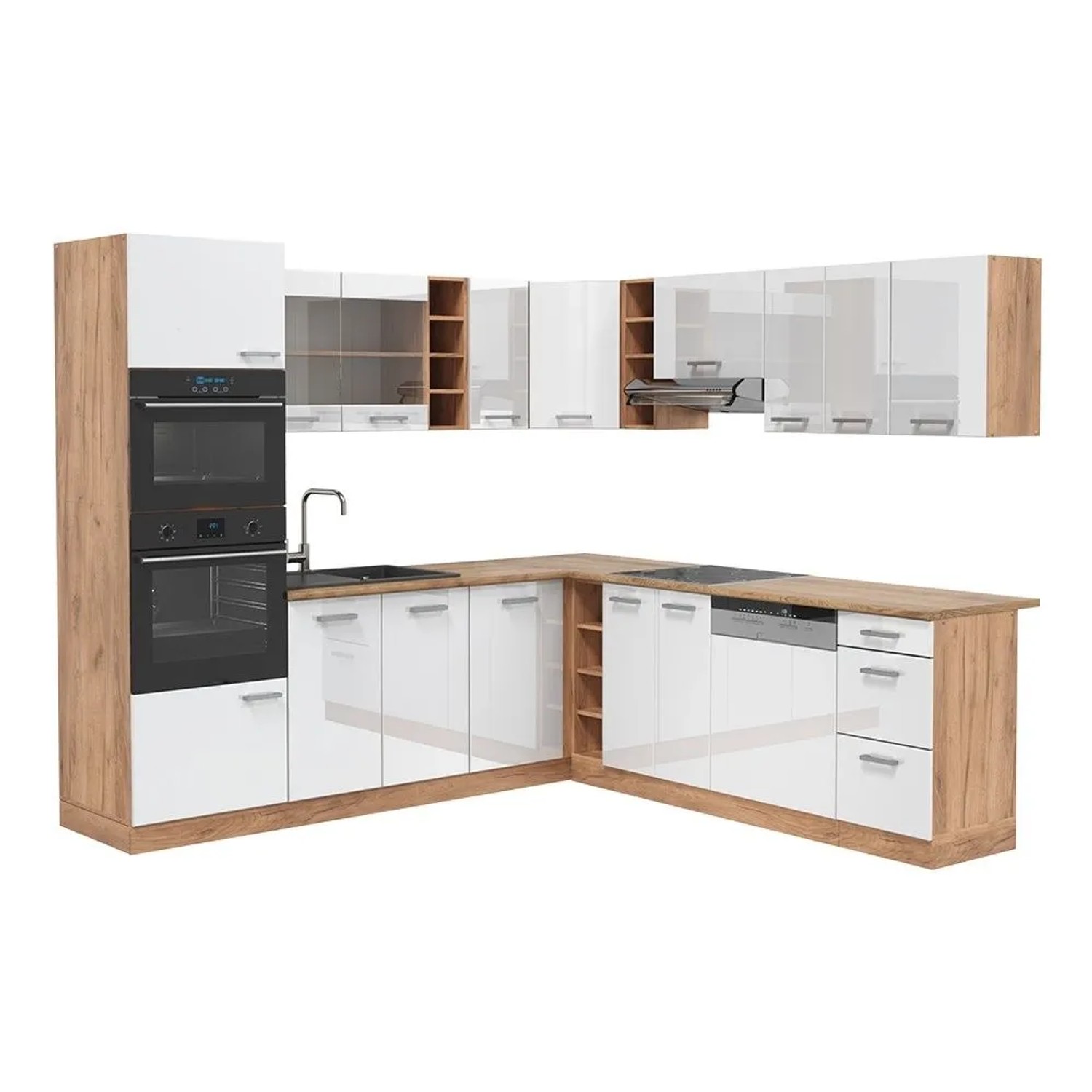 Vicco Eckküche R-Line Weiß Hochglanz/Goldkraft Eiche 247 x 82 ohne Arbeitsplatte