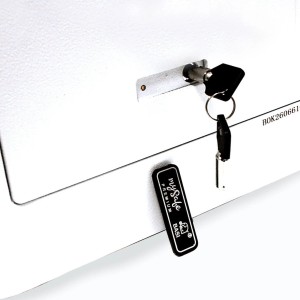 Detailaufnahme: Weißer mySafe Premium Tresor mit Schlüssel und BASI-Anhänger.
