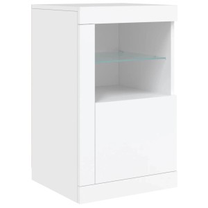 Weißer vidaXL Beistellschrank mit LED-Leuchten und Glasablage für Büro oder Wohnzimmer.