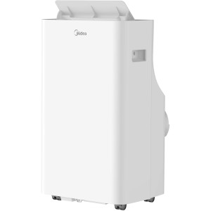Weiße Midea Mobile Klimaanlage Silent Cool 26 Pro WF mit Rollen und geöffnetem Deckel.