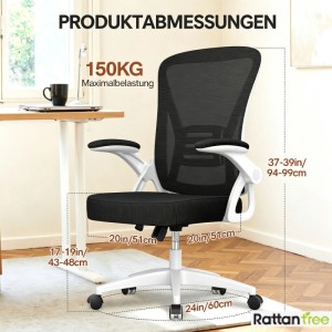 Ergonomischer Bürostuhl weiß-schwarz mit Mesh-Rückenlehne, klappbaren Armlehnen, Rollen. Max. 150kg Belastung.