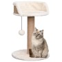 Beiger Katzenbaum mit Kratzsäule aus Seegras, Sitzplatz und Spielzeug. Katze sitzt davor.