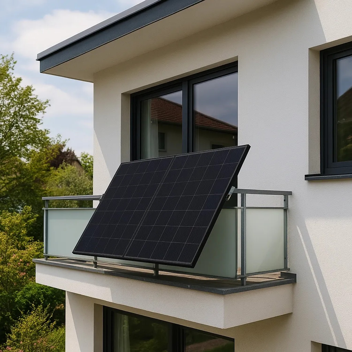 Haier Balkonkraftwerk 800W mit Halterung am Balkon montiert. Solaranlage zur Stromerzeugung.